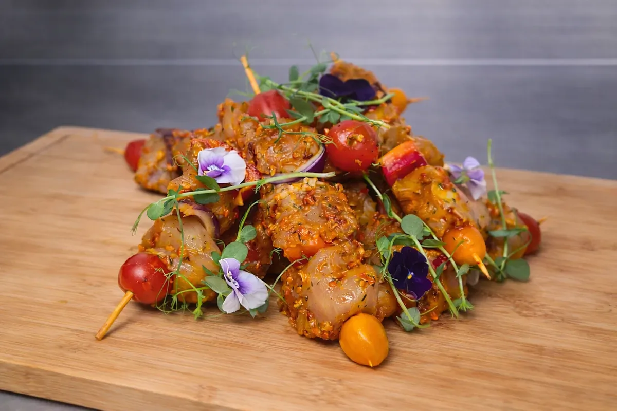 Brochettes de volaille marinées aux légumes du soleil